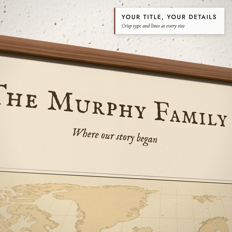 Close-up of the personalized title and details on the Family Roots Map print