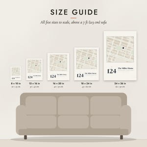 Size guide: 8×10, 12×16, 16×20, 18×24, 24×36 inch prints shown to scale above a sofa
