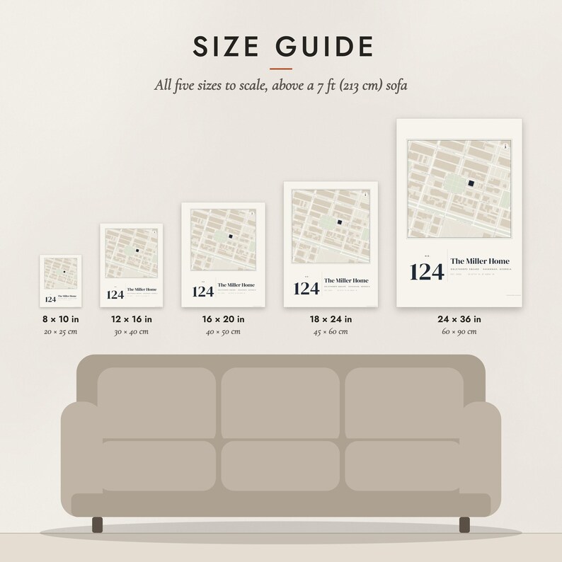 Size guide: 8×10, 12×16, 16×20, 18×24, 24×36 inch prints shown to scale above a sofa