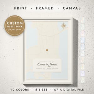 Guest Book Map print in a white frame on a white wall — print, framed, canvas or digital file, 10 colors, 5 sizes