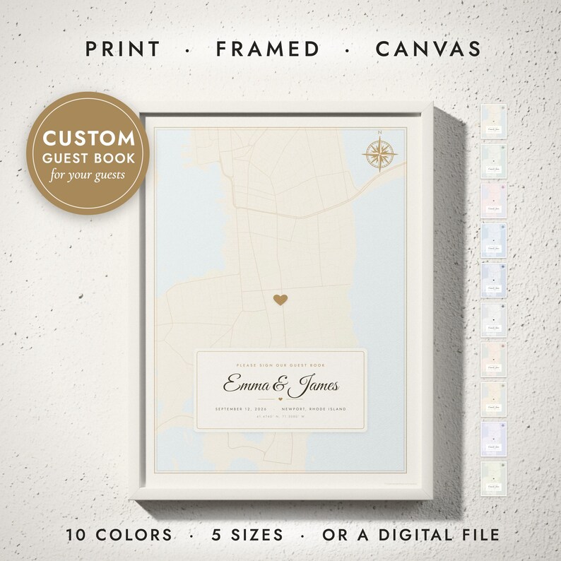 Guest Book Map print in a white frame on a white wall — print, framed, canvas or digital file, 10 colors, 5 sizes