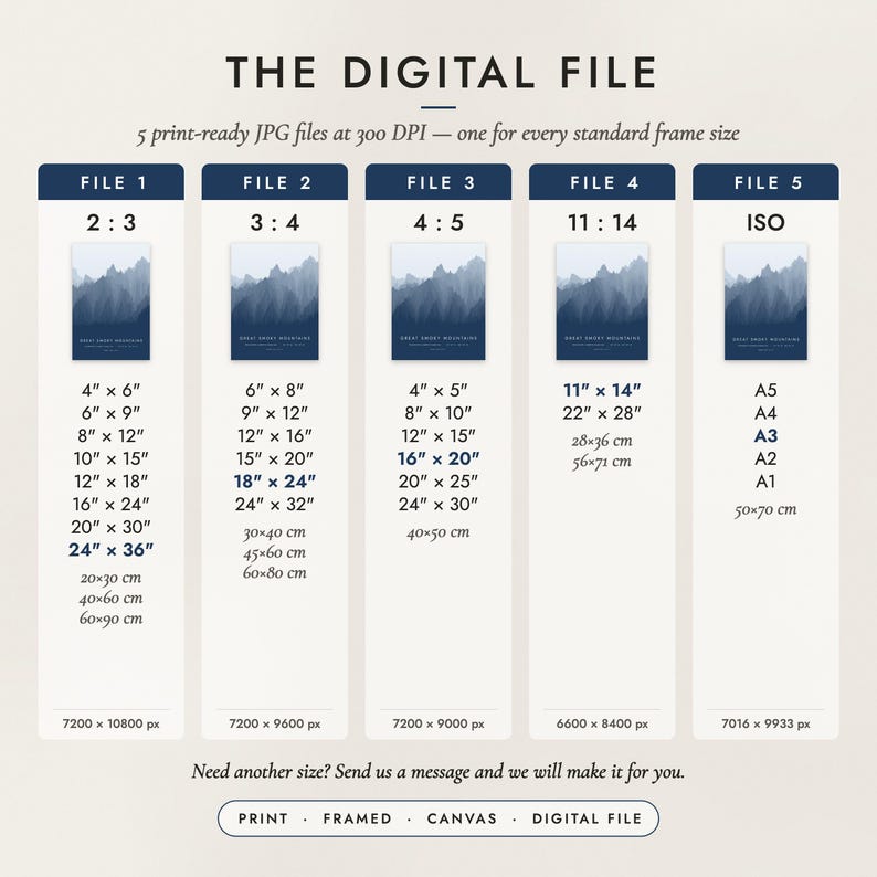 The Digital File option: five print-ready JPG files in 2:3, 3:4, 4:5, 11:14 and ISO ratios at 300 DPI