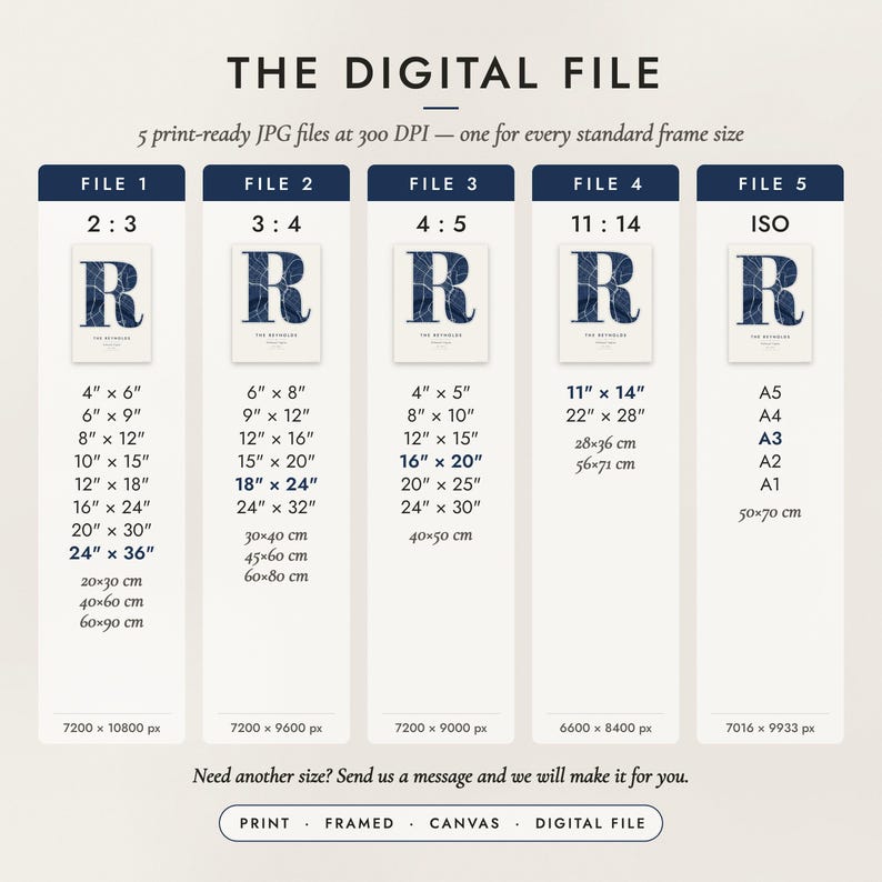 The Digital File option: five print-ready JPG files in 2:3, 3:4, 4:5, 11:14 and ISO ratios at 300 DPI