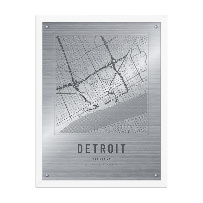Real product photo: the Custom Etched Metal Look City Map Print in the white wood frame with a clear acrylic front