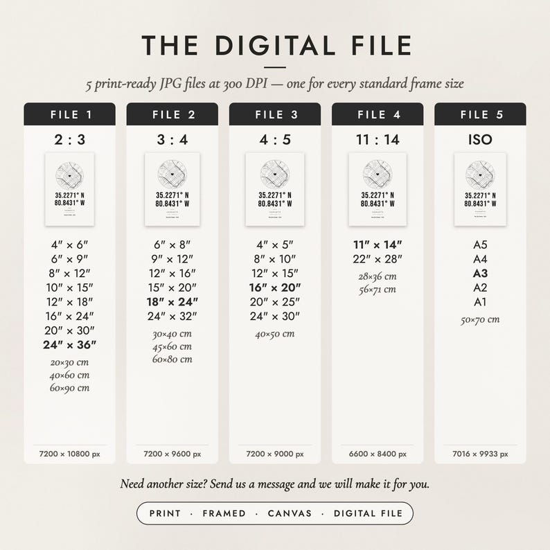 The Digital File option: five print-ready JPG files in 2:3, 3:4, 4:5, 11:14 and ISO ratios at 300 DPI