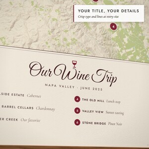 Close-up of the personalized title and details on the Wine Country Map print