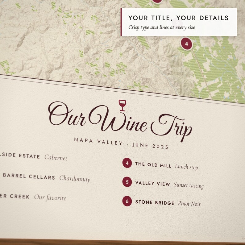 Close-up of the personalized title and details on the Wine Country Map print