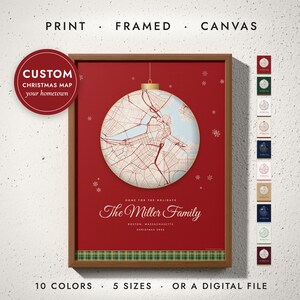 Christmas Hometown Map print in a walnut frame on a white wall — print, framed, canvas or digital file, 10 colors, 5 sizes