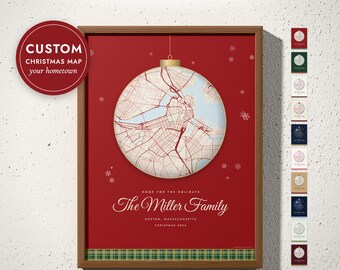 Custom Christmas Map Print, Home for the Holidays Hometown Ornament Map, Family Name Christmas Decor, Holiday Gift, Framed or Canvas Print