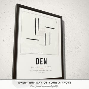 Three-quarter view of the framed Airport Runway Map poster on a white plaster wall