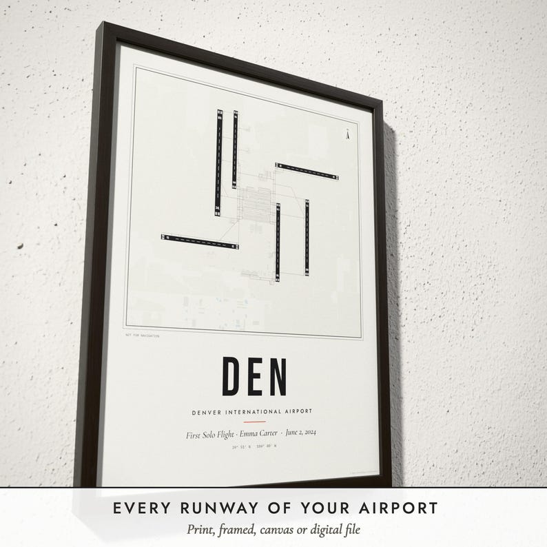 Three-quarter view of the framed Airport Runway Map poster on a white plaster wall