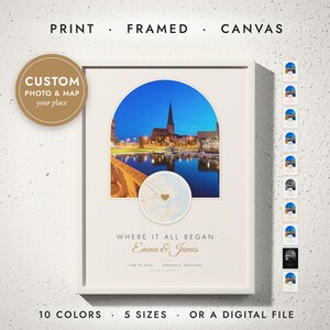 Photo & Map Print in a white frame on a white wall — print, framed, canvas or digital file, 10 colors, 5 sizes