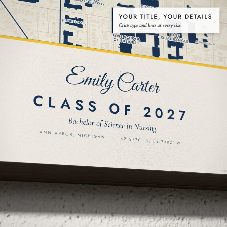 Close-up of the personalized title and details on the Campus Map print