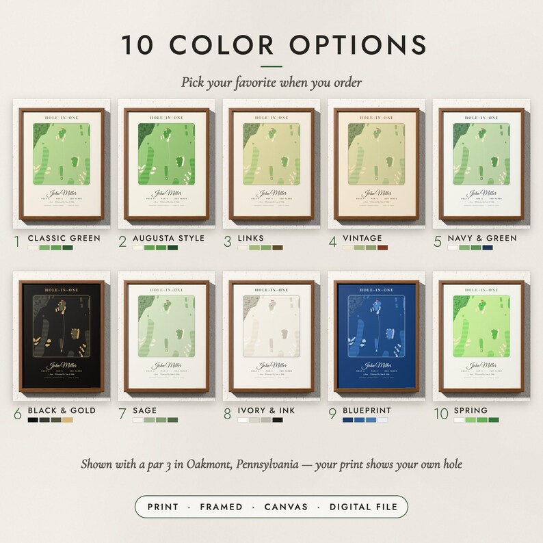The Hole-In-One Print in all 10 color options, numbered 1 to 10 with their names