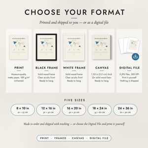 The formats to choose from: matte paper print, black frame, white frame, canvas and the digital file, with the five sizes