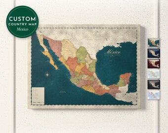 Mexico Map Print, Personalized Mexico Wall Art for Canvas or Poster, Detailed Map with Cities, Mexican Gift, Framed, Canvas or Digital