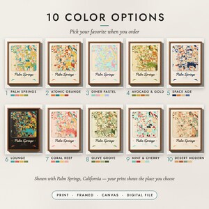 The Mid-Century City Map in all 10 color options, numbered 1 to 10 with their names