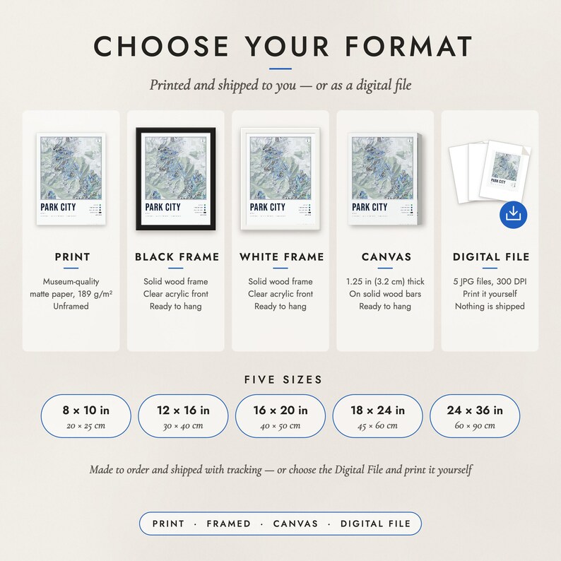 The formats to choose from: matte paper print, black frame, white frame, canvas and the digital file, with the five sizes