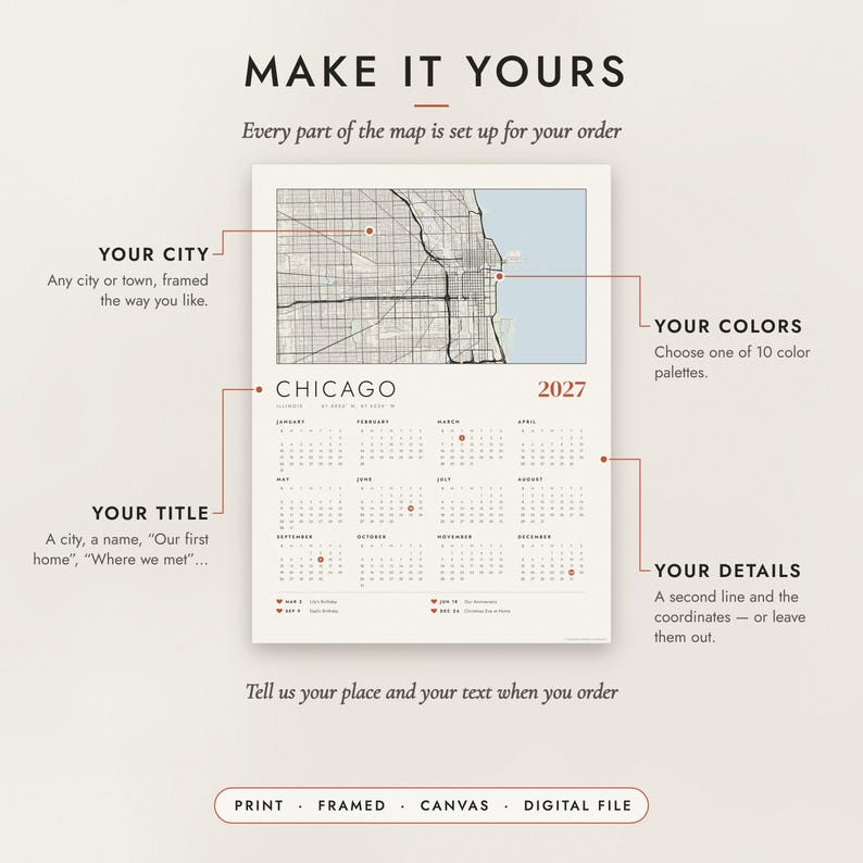 Diagram of what you can personalize: location, colors, title and details