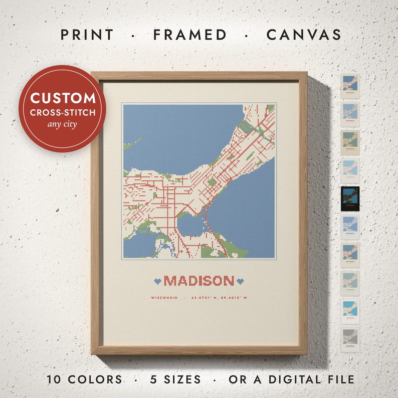 Cross-Stitch City Map print in a natural oak frame on a white wall — print, framed, canvas or digital file, 10 colors, 5 sizes
