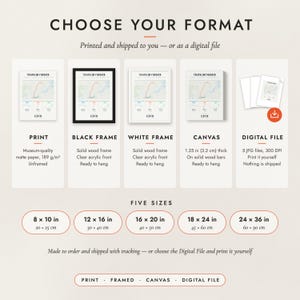 The formats to choose from: matte paper print, black frame, white frame, canvas and the digital file, with the five sizes