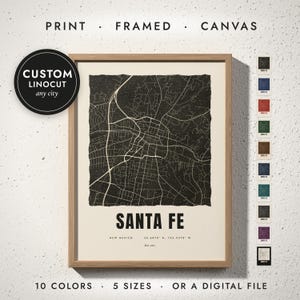 Linocut City Map print in a natural oak frame on a white wall — print, framed, canvas or digital file, 10 colors, 5 sizes