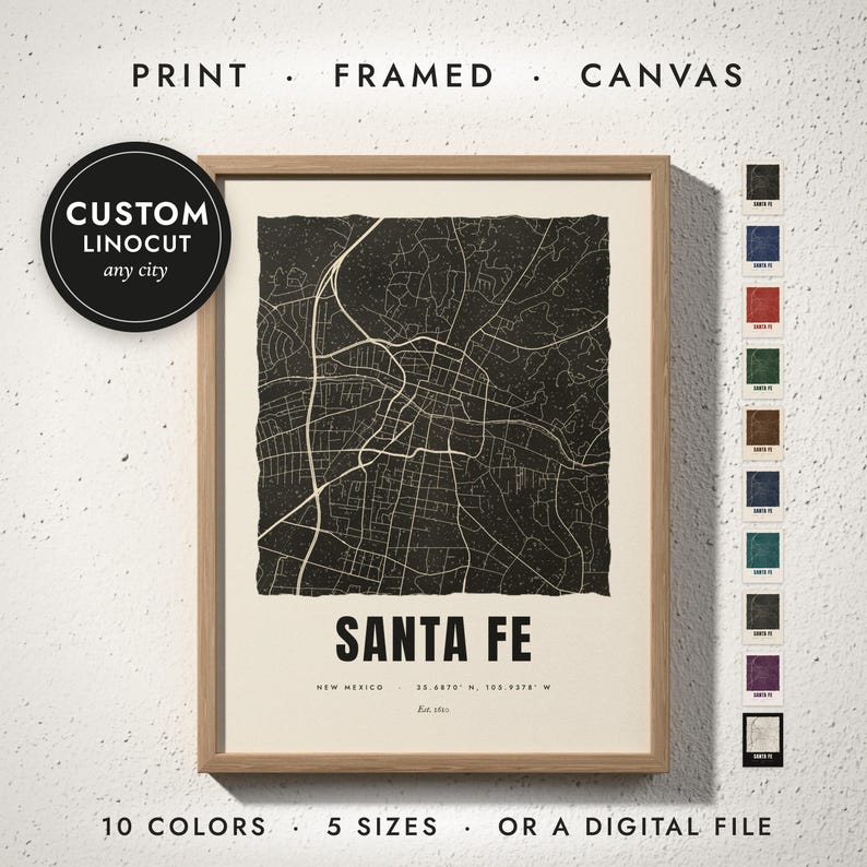 Linocut City Map print in a natural oak frame on a white wall — print, framed, canvas or digital file, 10 colors, 5 sizes