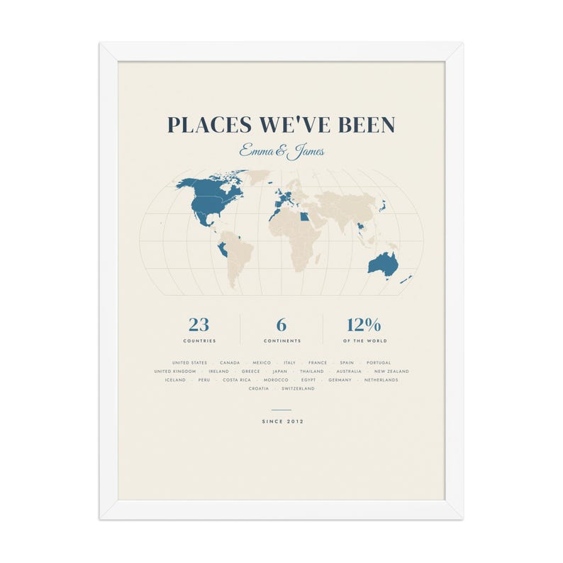 Real product photo: the Custom Places We've Been Map Print in the white wood frame with a clear acrylic front