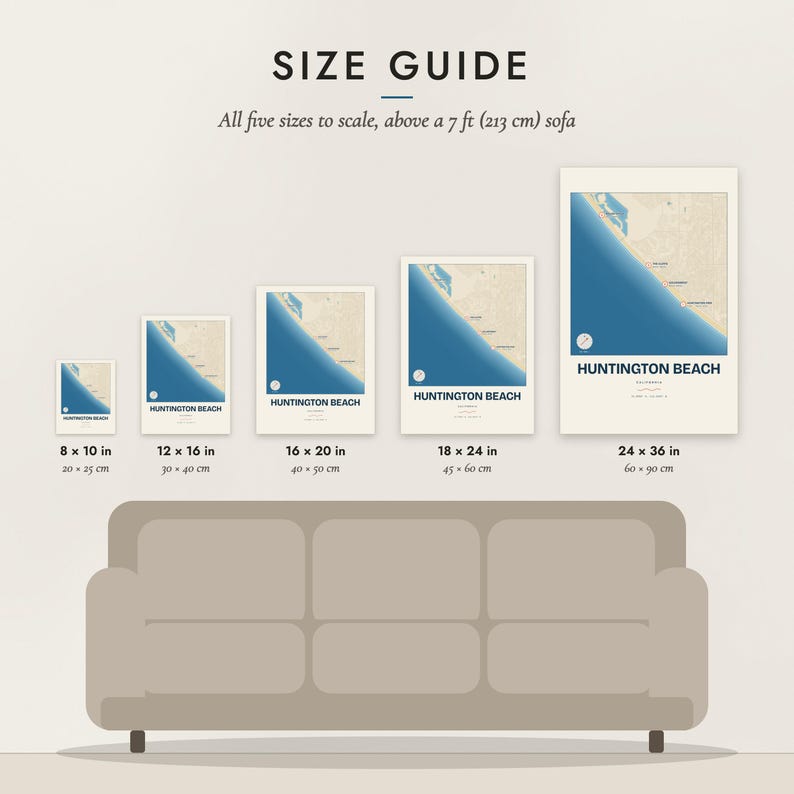 Size guide: 8×10, 12×16, 16×20, 18×24, 24×36 inch prints shown to scale above a sofa