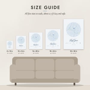 Size guide: 8×10, 12×16, 16×20, 18×24, 24×36 inch prints shown to scale above a sofa