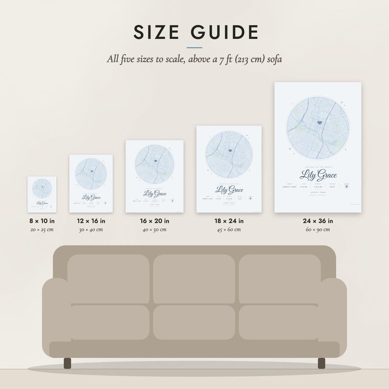 Size guide: 8×10, 12×16, 16×20, 18×24, 24×36 inch prints shown to scale above a sofa