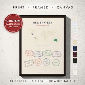 Passport Stamp Map print in a black frame on a white wall — print, framed, canvas or digital file, 10 colors, 5 sizes