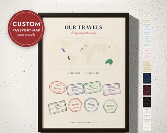 Custom Passport Stamp Map Print, Travel Map with Stamps, Places We Have Been, World Traveler Gift, Travel Couple Gift, Framed or Canvas
