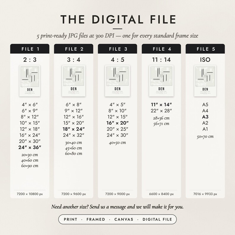 The Digital File option: five print-ready JPG files in 2:3, 3:4, 4:5, 11:14 and ISO ratios at 300 DPI