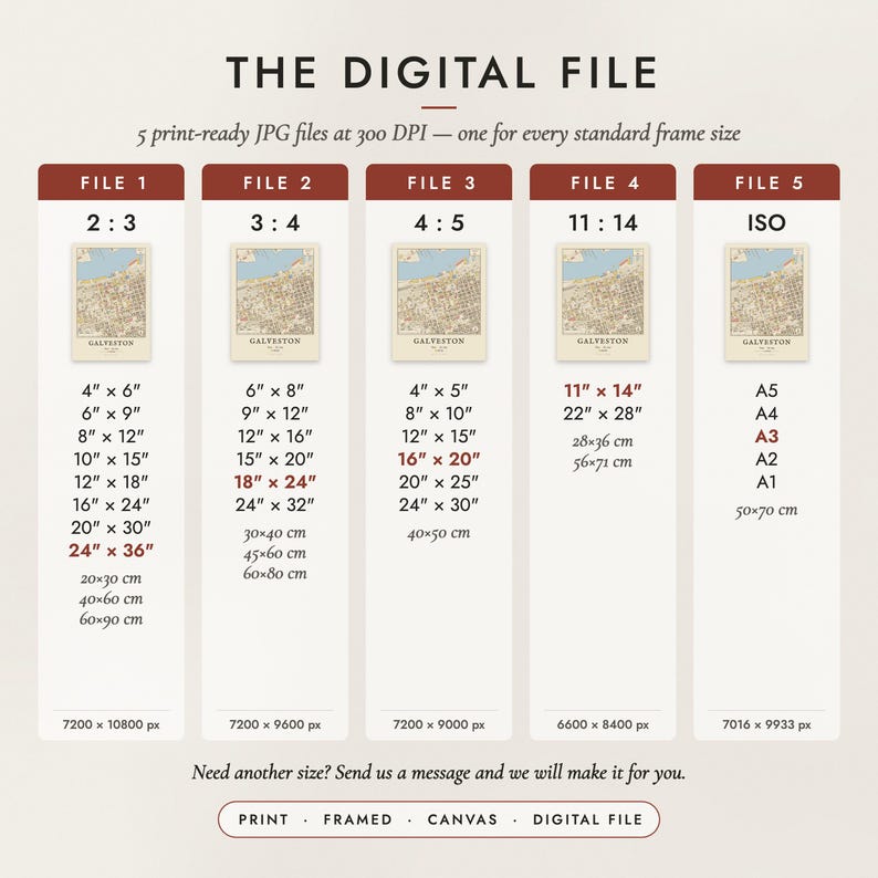 The Digital File option: five print-ready JPG files in 2:3, 3:4, 4:5, 11:14 and ISO ratios at 300 DPI