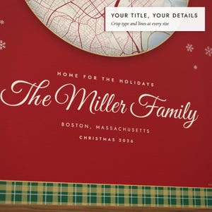 Close-up of the personalized title and details on the Christmas Hometown Map print