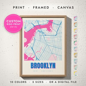 Risograph City Map print in a natural oak frame on a white wall — print, framed, canvas or digital file, 10 colors, 5 sizes
