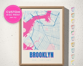 Risograph City Map Print, Custom Riso Style Map Poster in Spot Inks, Colorful Modern Wall Art, Pink and Blue Map, Framed, Canvas or Digital