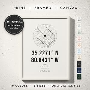 Coordinates Print in a white frame on a white wall — print, framed, canvas or digital file, 10 colors, 5 sizes