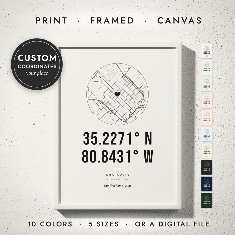 Coordinates Print in a white frame on a white wall — print, framed, canvas or digital file, 10 colors, 5 sizes