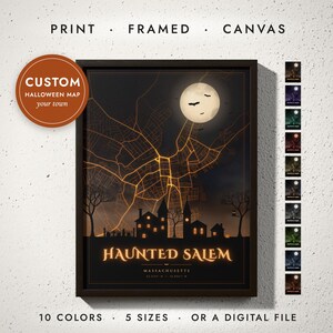 Custom Halloween Town Map, Haunted Hometown Print with Full Moon and Bats, Spooky Halloween Decor, Gothic Wall Art, Framed or Canvas Print