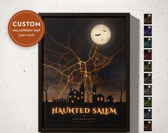Custom Halloween Town Map, Haunted Hometown Print with Full Moon and Bats, Spooky Halloween Decor, Gothic Wall Art, Framed or Canvas Print