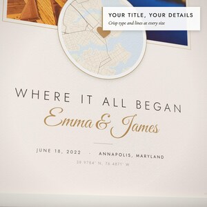 Close-up of the personalized title and details on the Photo & Map Print