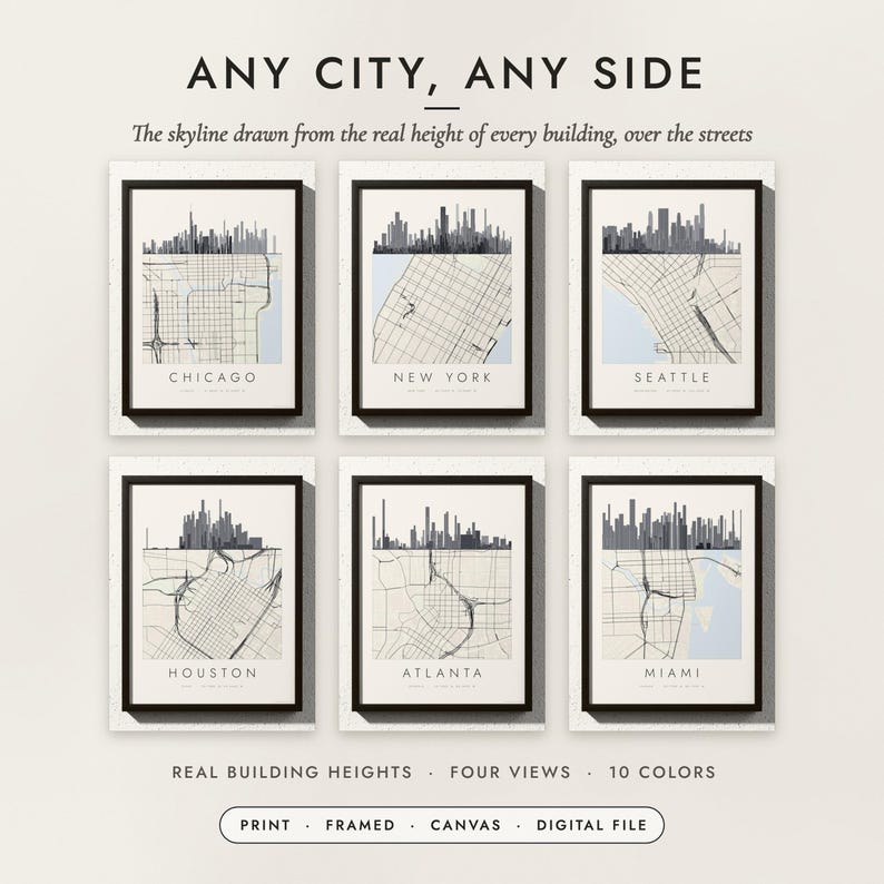 Skyline & Street Map examples for six cities