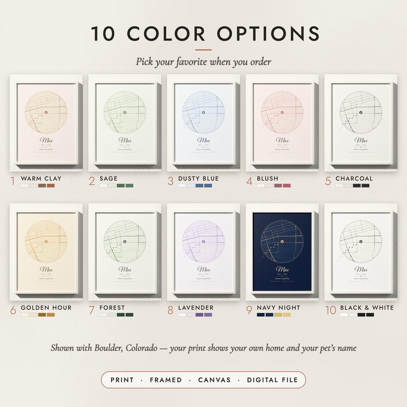 The Pet Memorial Map in all 10 color options, numbered 1 to 10 with their names