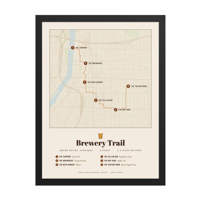 Real product photo: the Custom Brewery Map Print in the black wood frame with a clear acrylic front