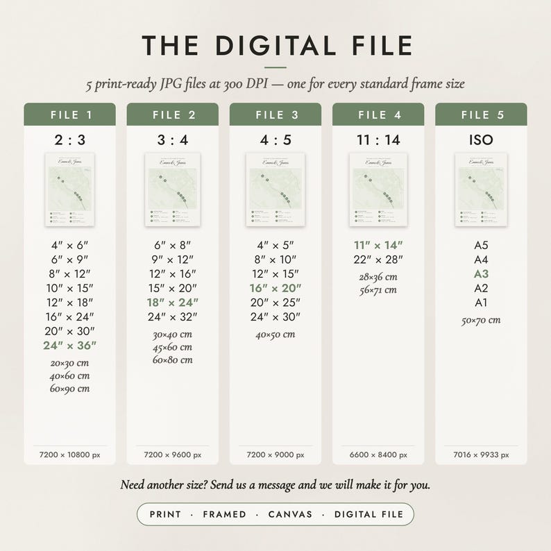 The Digital File option: five print-ready JPG files in 2:3, 3:4, 4:5, 11:14 and ISO ratios at 300 DPI