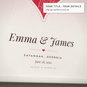 Close-up of the personalized title and details on the Heart City Map print