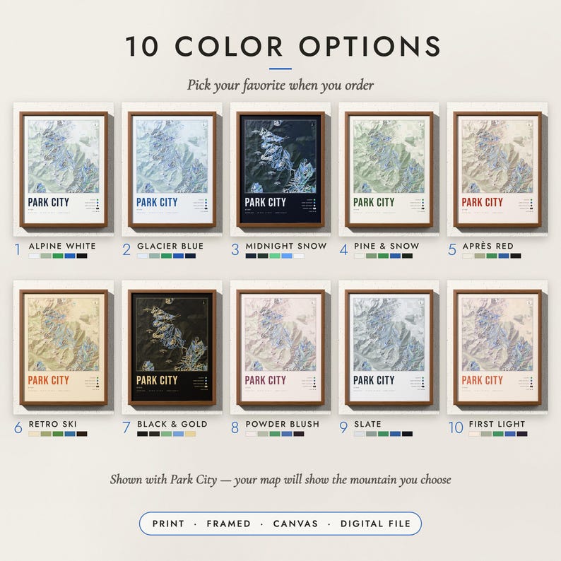 The Ski Resort Map in all 10 color options, numbered 1 to 10 with their names