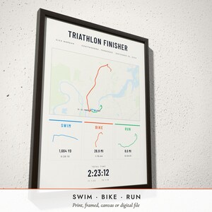Three-quarter view of the framed Triathlon Map poster on a white plaster wall